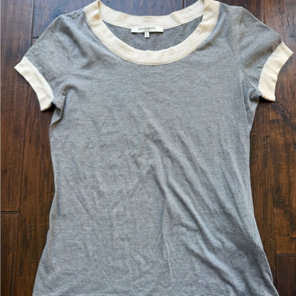 Rani Arabella Navy Micro-Striped Tee with Cream Trim